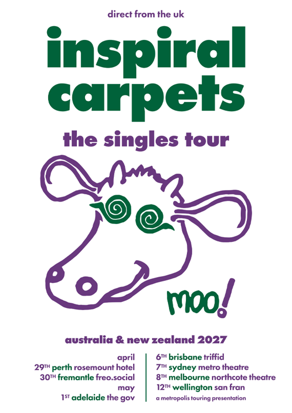 Inspiral Carpets tour poster for the Singles Tour in Australia and New Zealand featuring a purple drawn cow head with swirl eyes and tour dates.